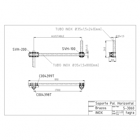 S-3060 - SUPPORT POL HORITZ. TUBE INOX 800 MM - 