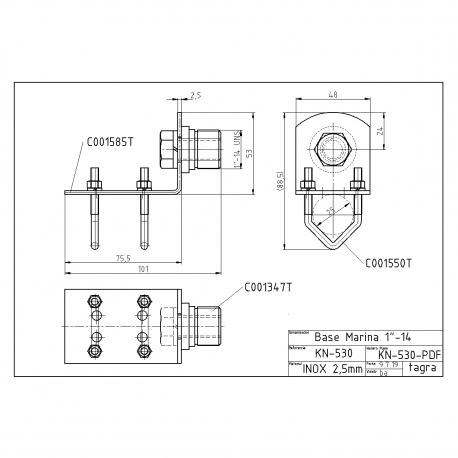 KN-530 - BASE MARINE FIXE INOX POUR MÂT AVEC 1'' THREAD - 